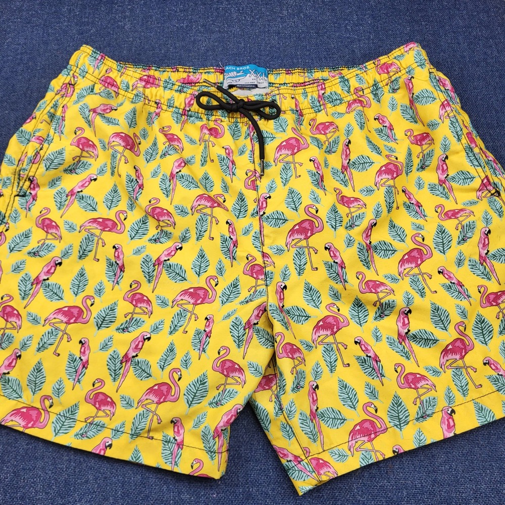 Beach Bros Mens Swim Trunks XXL Yellow Flamingo Parrot Tropical Board Shorts